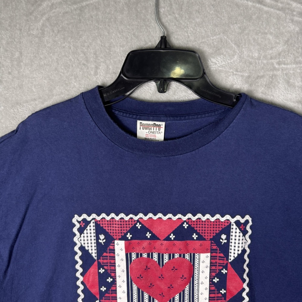 Vintage Oneita Shirt Mens 2XL Blue Patchwork‎ Heart Quilt Graphic Made USA 90s - Picture 3 of 9